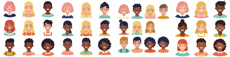 Diverse vector portrait collection of smiling male and female avatars representing users, staff, and multi-ethnic community members.