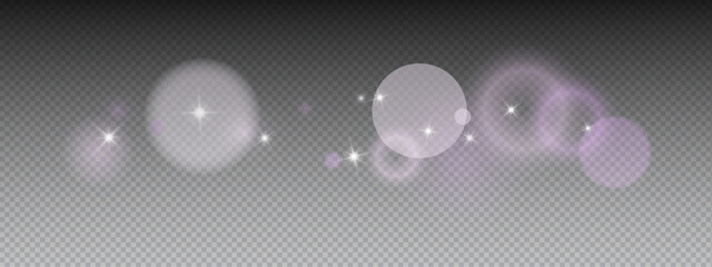 Purple bokeh background with light sparkles and glitter stars. Soft circular shapes create color abstract pattern with dreamy glow effect. Vector overlay for fantasy designs and magic compositions.