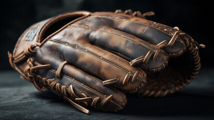 Close-up of a vintage baseball glove, worn leather texture, detailed stitching, classic sports equipment, baseball theme, studio shot, dark background, professional sports, athletic gear, baseball