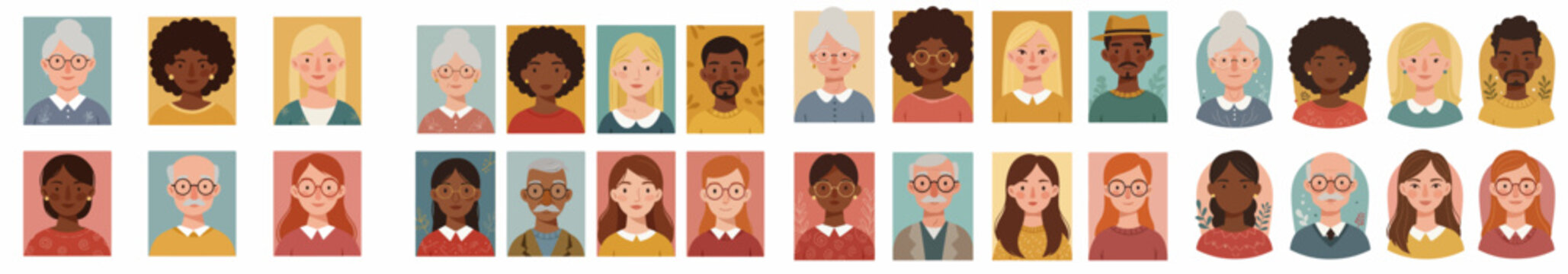 A diverse collection of illustrated avatar portraits showing different ages, genders, and ethnicities for profile icons or user representations.