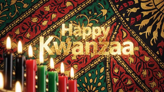 A festive Happy Kwanzaa celebration. Vertical animation of shimmering gold text and flickering candles against a traditional African pattern background