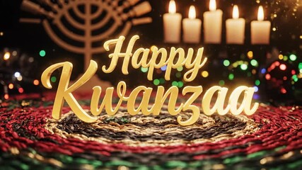 Animated Happy Kwanzaa greeting with golden text. Festive scene with a Kinara, lit candles, and a traditional Mkeka mat. African-American cultural holiday celebration - Powered by Adobe