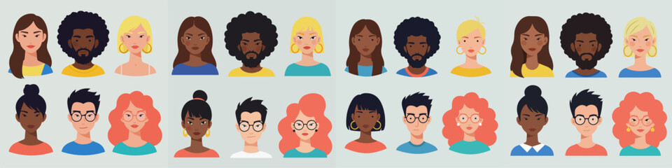 Diverse professional and casual avatar set featuring men and women of various ethnicities, skin tones, and hairstyles for user profiles or organizational charts.