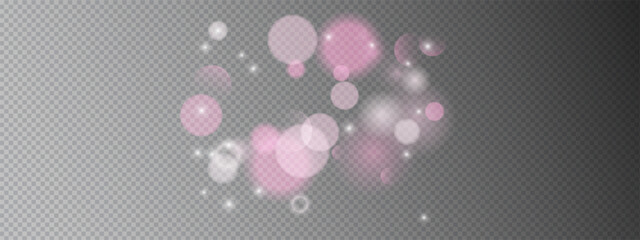 Soft pink bubble background featuring scattered glitter particles and luminous bokeh circles. Abstract texture with romantic shine and prism elements on transparent ground. Vector