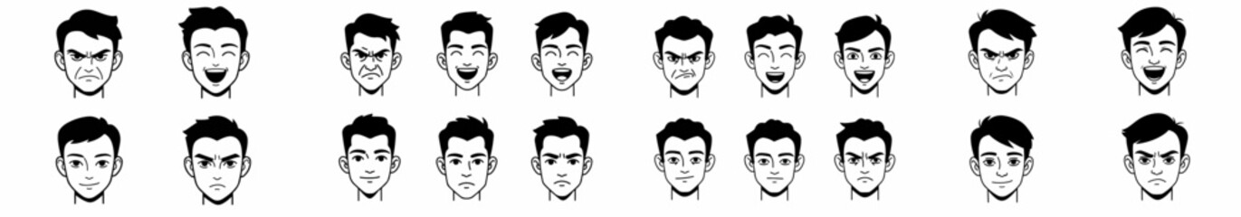 Monochrome vector avatar set showcasing various male facial expressions and emotions, including happiness, anger, surprise, and neutrality.