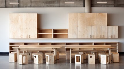 Light wood furniture and cabinetry in a modern room.