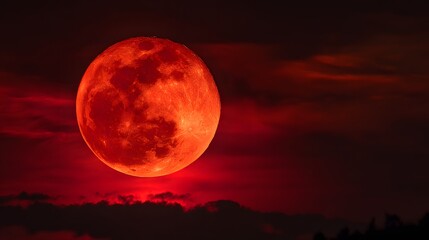 Brilliant crimson celestial body illuminates dark, cloudy night sky