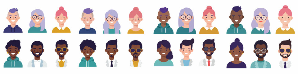 Diverse Avatars Collection of Young People: Smiling Faces, Varied Styles, Genders, and Ethnicities in Modern Flat Vector Design.
