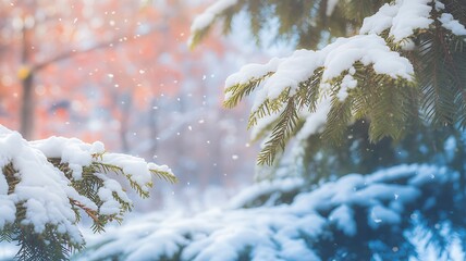 Snowy Pine Tree Branches with a Dreamy, Colorful Bokeh Background in Winter