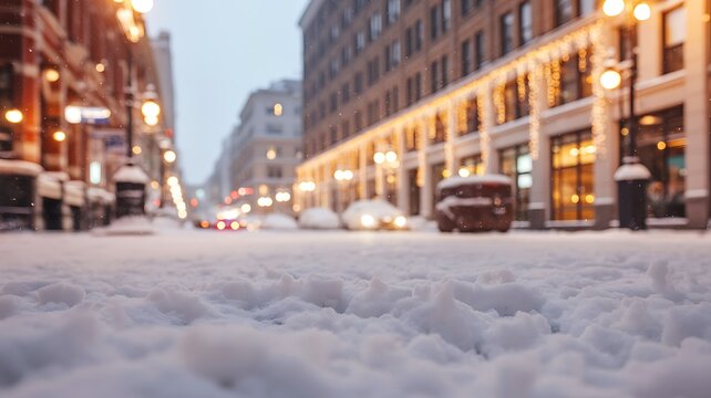 Low-Angle View of a Snowy City Street at Dusk with Illuminated Buildings and Cars