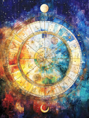 Mystical zodiac wheel is depicted with vibrant colors, featuring celestial symbols and cosmic elements. artwork evokes sense of wonder and connection to universe
