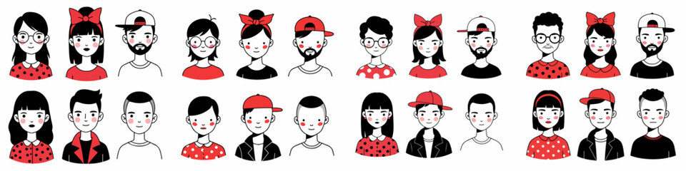 Diverse set of young adult minimalist avatars featuring modern hipster people, male and female portraits with various hairstyles, glasses, bows, and accessories.