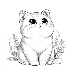Cute, wide eyed cartoon cat sits surrounded by delicate leaves, showcasing charming and innocent expression. black and white illustration highlights cat fluffy fur and large eyes