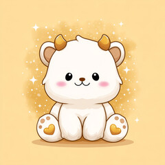 Cute cartoon bear with small horns and heart shaped paw pads, sitting on sparkling background. bear has fluffy appearance and cheerful expression