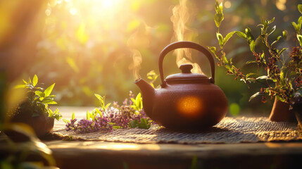 Steaming clay teapot sits on rustic table surrounded by fresh herbs and flowers, bathed in warm sunlight. scene evokes sense of tranquility and natural beauty
