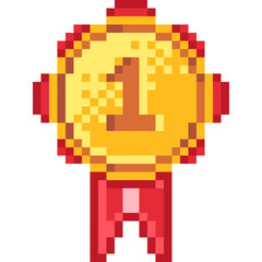 Pixel Art Golden Award Medal With Red Ribbon For First Place Victory In A Retro 8 Bit Video Game Competition On A Transparent Background