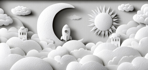 Whimsical paper art scene features rocket on crescent moon surrounded by fluffy clouds, bright sun, and small houses, creating dreamy atmosphere