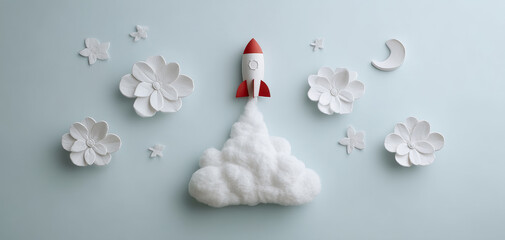 Whimsical scene with paper rocket launching from fluffy cloud, surrounded by paper flowers and crescent moon on light blue background