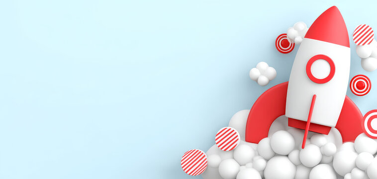 Red and white rocket surrounded by clouds and spheres symbolizes creativity and innovation against light blue background. playful design evokes sense of adventure and imagination