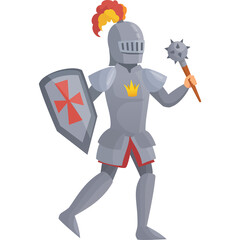 Pixel Art Medieval Knight In Full Silver Armor Holding Shield With Red Cross and Flail Weapon With Crown Emblem and Feathered Helmet Detail on Transparent Background