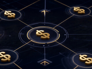 Digital illustration features interconnected dollar symbols on dark background, representing financial networks and economic growth. design is sleek and modern, emphasizing connectivity and wealth