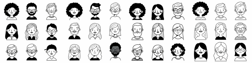 Black and white line art set of diverse human avatars showing various ages, genders, and styles for user profile icons or team members.