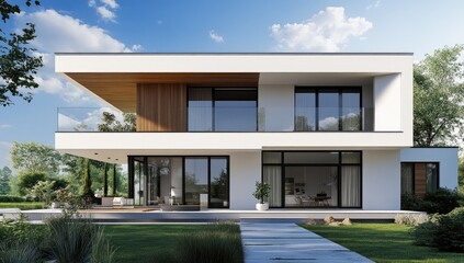 Modern, two-story house with a contemporary design.