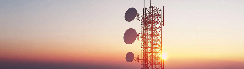 Telecommunications tower with multiple satellite dishes is silhouetted against vibrant sunset sky, symbolizing modern communication technology
