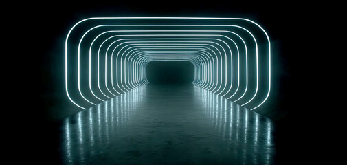 Futuristic tunnel with glowing neon lights creates sleek and modern atmosphere. curved lines and reflections on floor enhance sense of depth and infinity