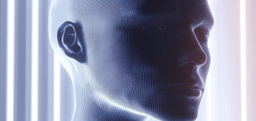 Digital wireframe of human face with futuristic and abstract design, illuminated by soft light, evokes sense of technology and innovation