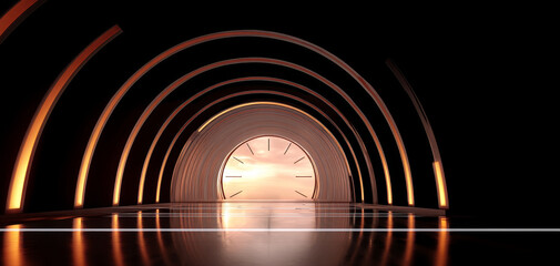 Futuristic tunnel with glowing arches and clock at end creates sense of mystery and anticipation. sleek design and warm lighting evoke modern, sci fi atmosphere