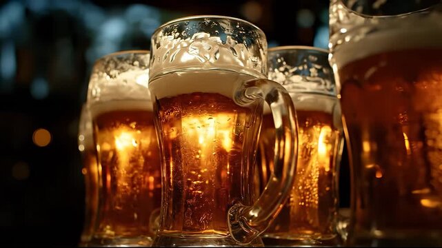Beer glasses shimmer as sunlight reflects off the beer and glasses. The beer foam cascades over the beer glasses, enhancing the rich amber color of the beer and glasses.
