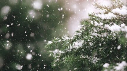 Cozy winter holidays background with snow dusted pine branches and gentle falling snowflakes