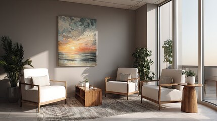 Tranquil interior living room scene with comfortable seating and a captivating artwork.