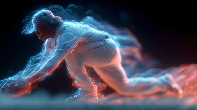 Dynamic baseball player in action, digitally enhanced with vibrant energy trails, showcasing athleticism and motion, perfect for sports and action-themed visuals, capturing the essence of the game