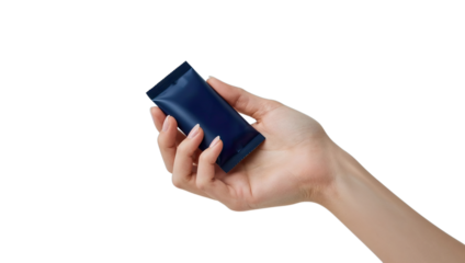 Transparent Png of a Persons Hand Delicately Holding a Small, Unbranded Dark Blue Foil Sachet, Concept for Packaging Design and Beauty Product Samples
