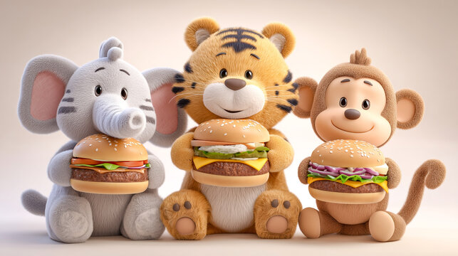 Cute cartoon elephant tiger monkey burger plush animal trio burger kawaii jungle animals burger big head stuffed animals adorable animal fast food happy zoo friends snack playful kid illustration