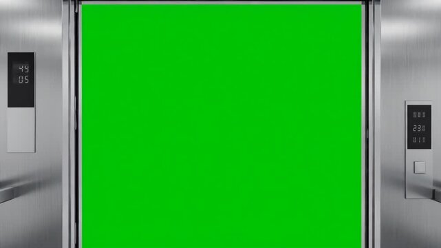 Modern elevator doors opening to reveal a green screen. Realistic animation for chroma key compositing and transitions.