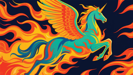 Hot Fire Fantasy Pegasus Horse Illustrator Artwork Banner Background Design Template 