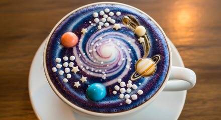 Galaxy themed latte art in a white ceramic cup, close-up.