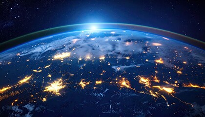 Earth at night from space showing glowing city lights and a blue sunrise over the horizon with stars in the background