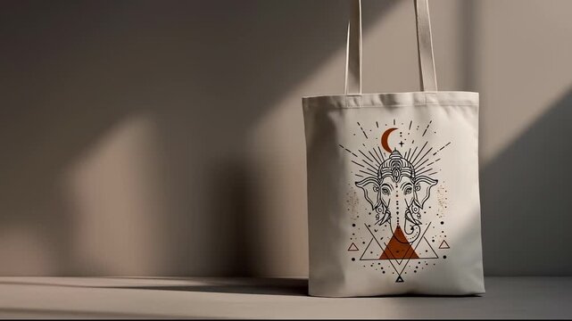 An elephant is printed on a canvas bag with an elephant illustration in warm tones. Symmetrical geometric shapes and stars surround the elephant and emphasize its presence.