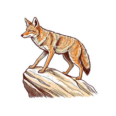 Coyote standing proudly on a rock, a hand-drawn illustration depicting the animal's natural habitat