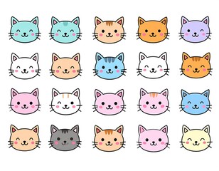 Collection of cartoon feline faces with diverse colors and happy expressions
