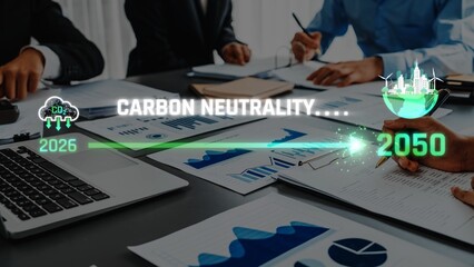 A visual representation of a carbon neutrality timeline from 2026 to 2050, showcasing business...