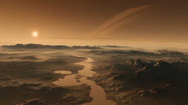 Cinematic view of titan  saturn s largest moon with hazy atmosphere and mysterious landscape