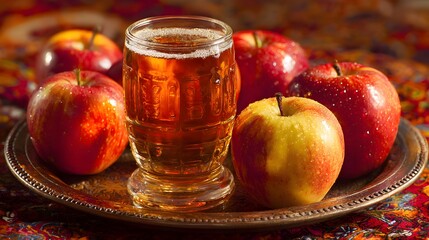 Refreshing  beverage sits surrounded by whole fresh fruit on an ornate tray