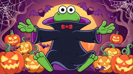 Naklejka premium Cute cartoon frog vampire with bow tie, Halloween pumpkins, spooky bats, spiderweb, purple night scene, festive background, kids' celebration, fun, whimsical illustration, autumn.