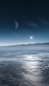 Cinematic photorealistic view of tethys  surface featuring odysseus crater and icy plains