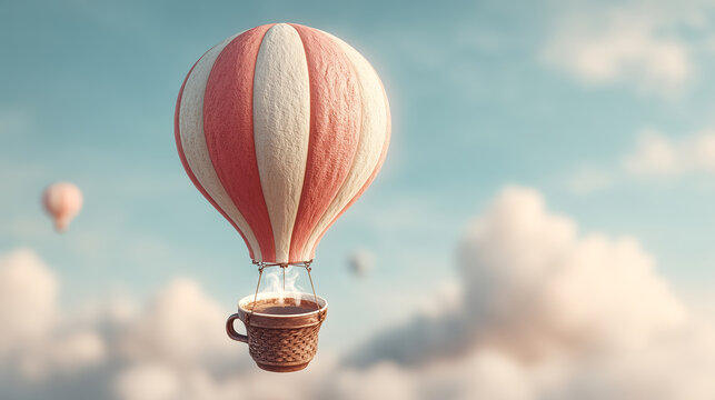 Coffee cup hot air balloon sky cloud surreal whimsical pastel fantasy dreamlike floating concept creative imagination minimal soft light morning travel adventure freedom leisure beverage steam